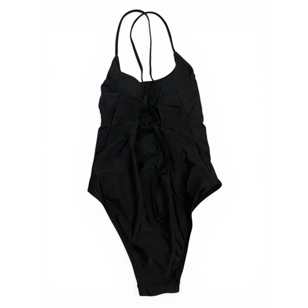 NWT SHEIN Black One Piece Swimsuit Lace Up Crossed Straps Girls Swimwear - Picture 2 of 8